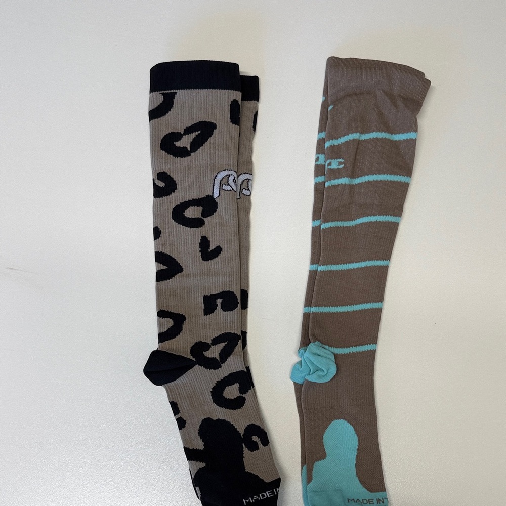 Women’s Patterned Knee-High Socks in Taupe with Black & Teal Accents - Pack of 2